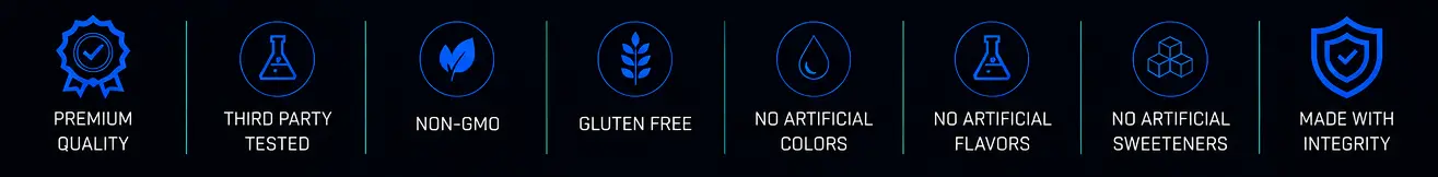 Premium quality, third party tested, non-GMO, gluten free, no artificial colors, flavors, or sweeteners, made with integrity